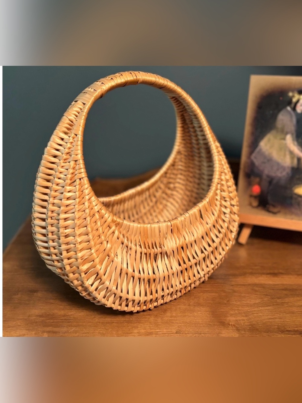 70's Rustic Crecent Shaped Wicker Basket - Handled Basket - Natural Tone